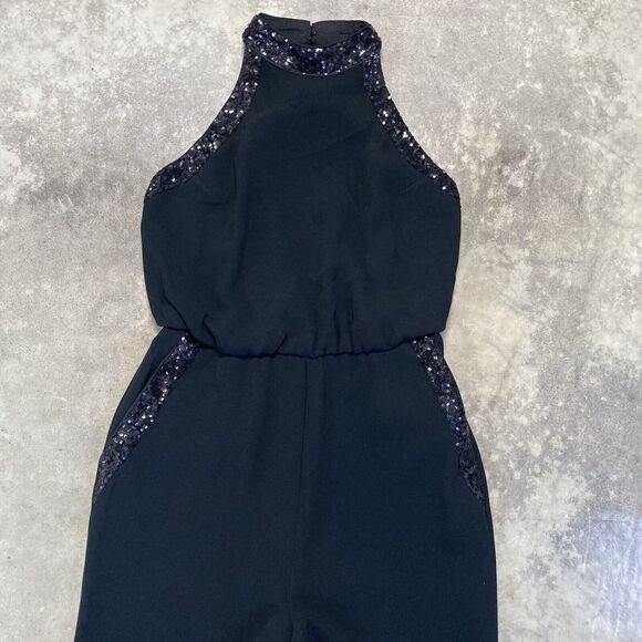 Rachel Zoe Lou Jumpsuit Womens 6 Black Sequin Neck Pockets Halter Neck Open Back - Picture 2 of 16